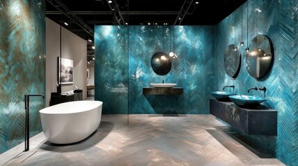 Modern bathroom with teal stone wall tiles, freestanding tub, double vanity, and round mirrors.