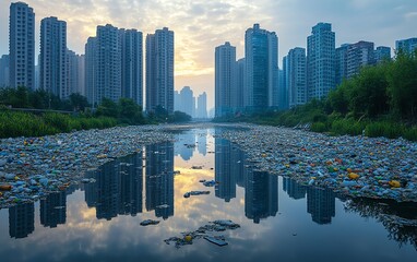 Naklejka premium Urban reflection of progress and pollution plastic wastefilled river