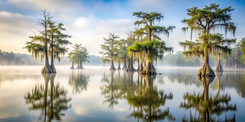 Obraz premium Serene morning mist shrouds majestic cypress trees, their reflections mirroring a tranquil, ethereal landscape.