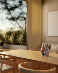 A beautiful hardwood dining table in a contemporary home, illuminated by stunning natural light.