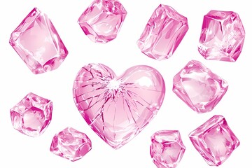 Shimmering Pink Crystals and Heart Shapes on White Background