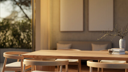 A beautiful hardwood dining table in a contemporary home, illuminated by stunning natural light.