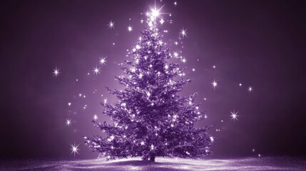 Purple abstract Christmas tree with glowing stars and soft radiant light effects, holiday elegance.
