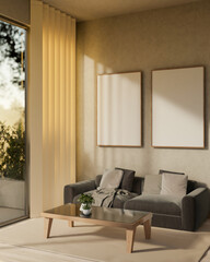 A contemporary home living room features a grey sofa, a coffee table and sleek decor.