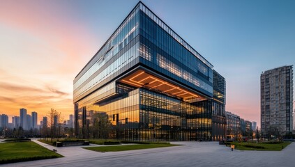 Fototapeta premium Modern glass office building at sunset.