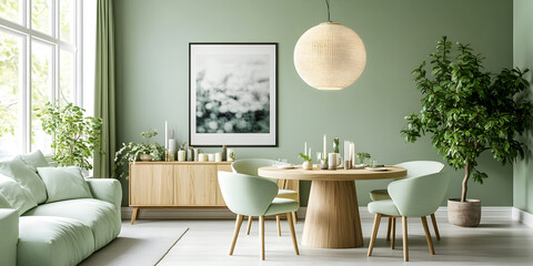 Mint color chairs at round wooden dining table in room with sofa and cabinet near green wall.