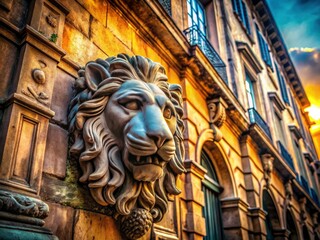 Obraz premium Architectural photography captures a weathered lion head sculpture, a hidden urban treasure.