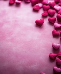 Obraz premium A playful arrangement of vibrant hearts dances across a soft pink surface, creating a romantic atmosphere perfect for celebrating love on Valentine's Day.