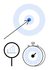 Arrow hits center of blue target, stopwatch indicates time, magnifying glass reveals upward graph. Ideal for success, accuracy, goal-setting, time management, productivity, performance abstract line