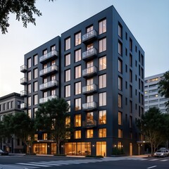 Modern multifamily residential building in San Francisco South of Market district. Stylish contemporary design with dark exterior. Building balconies, lit windows suggesting residents inside. Urban