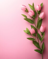Obraz premium A delicate pink flower blooms amidst lush green leaves, radiating romance and beauty against a soft pink backdrop, perfect for celebrating love's essence.