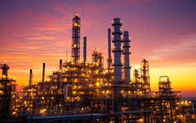 Fototapeta premium Refinery at sunset with golden light highlighting industrial strength, intricate pipelines, towering structures, and a vivid sky, ultradetailed industrial scene