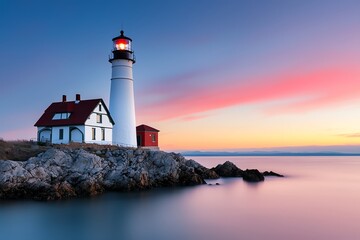 Naklejka premium A picturesque lighthouse stands by the shore at sunset, with vibrant colors reflecting on the calm water, surrounded by rocky terrain.