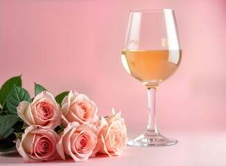 Delicate pink roses, glass of white wine on pink background. Romantic image for Valentine Day. Floral bouquet, gentle colors, luxury, minimal style. Perfect for special occasions romantic setting.