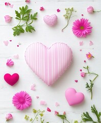 A plush pink heart pillow nestled among delicate pink flowers, radiating love and warmth, perfect for celebrating Valentine's Day.