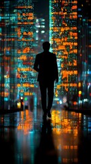 Fototapeta premium Silhouetted Leader Against Digital Data Charts and Upward Trends Representing Business Vision and Goals