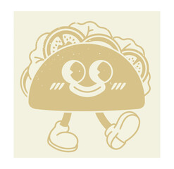 Cheerful taco character with smiling face, big eyes, lettuce, and tomato details, wearing shoes, styled in a retro flat design on a beige background. Fun concept. Vector illustration