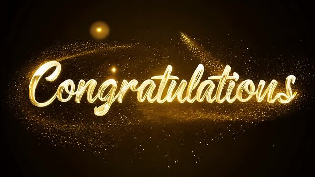 Congratulations. Animation letters in golden color with particles on the black screen alpha channel. Congratulations text animated is suitable for graduation, achievements, success, wishes, and events