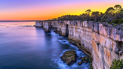 A stunning coastal cliff at sunset, showcasing vibrant colors and serene ocean views.