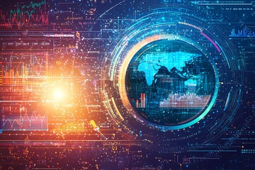 Obraz premium Abstract Data Visualization with Global Map and Technology Elements