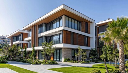 Modern luxury apartment building with landscaped grounds.