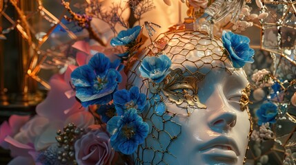 white mannequin head with blue flowers on its intricate stem