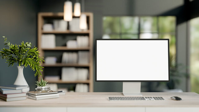 A computer desk in a modern office or home office featuring a computer and decor on a wooden table. - Powered by Adobe