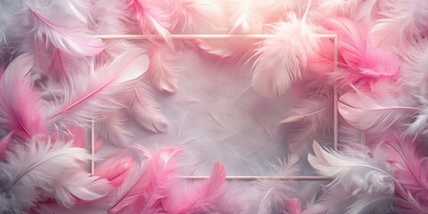 Delicate white feathers frame a soft pink background in this elegant gray and pink artwork.