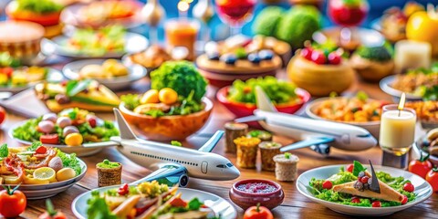 Fototapeta premium Delicious airplane food: stunning photos showcase in-flight dining with captivating aerial views.