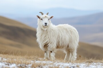 Fototapeta premium Fluffy white sheep stands in snowy field. Perfect for winter, nature, or livestock themes.
