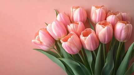 Fototapeta premium A serene bouquet of soft pink tulips against a pastel peach background, perfect for Mother's Day, Women's Day, or spring celebrations.