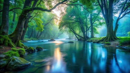 Obraz premium Dreamy night forest, river flowing, long exposure creates magical scene.