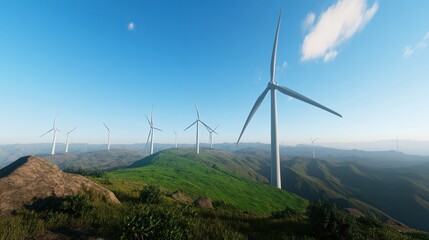 Scenic view of wind turbines on a green hillside under blue skies.
