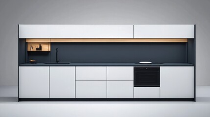 Modern minimalist kitchen design with dark grey and white cabinets, built-in oven, and wood accents.