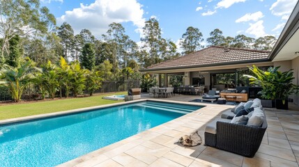 Modern Backyard Oasis with Luxurious Swimming Pool and Lush Greenery in a Tranquil Setting Surrounded by Trees and Comfortable Outdoor Seating