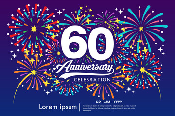 60th years anniversary celebration emblem. anniversary logo isolated with ribbon, sparkle, twinkle fireworks and stars. vector illustration template design for web, flyers, poster, greeting card