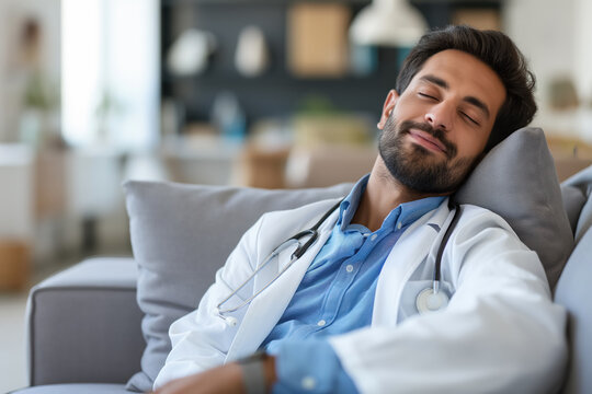 Young male doctor relaxing on couch with a stethoscope in bright room