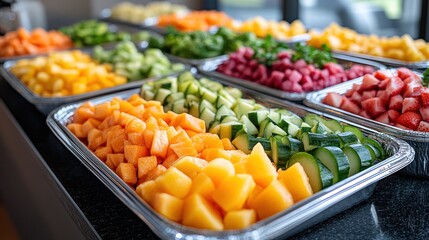 Obraz premium A colorful display of fresh, cut fruits arranged in trays for an event.