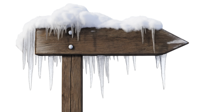 Title:
Snow-Covered Wooden Arrow Sign | Winter Directional Signpost with Icicles, Rustic Outdoor Concept
Keywords:
