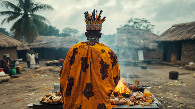 Ogun Festival with a priest wearing a traditional crown standing in front of an altar, offerings of chicken, coconuts and drinks placed on the altar, Ai generated images