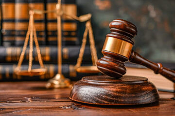 Gavel on wooden table with scales of justice and legal books in background