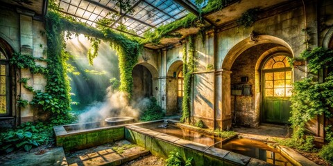Fototapeta premium Abandoned Spa, Urban Exploration, Steam Room, Mysterious Bath