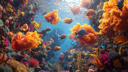 An adventurous underwater race, with marine creatures competing in a vibrant landscape filled with coral obstacles and floating seaweed, creating a sense of excitement. 