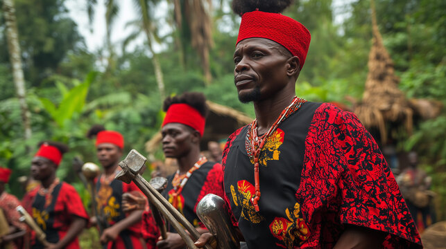 Ogun Festival celebration in Nigeria, a group of men wearing traditional red and black clothes, carrying metal tools as offerings to God Ogun, Ai generated images