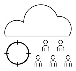 Cloud above five figures, circle with crosshair. Ideal for digital marketing, cloud technology, customer targeting, data analysis, audience segmentation, online campaigns, and user engagement. Line