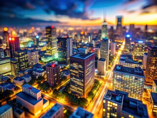 Naklejka premium Miniature city lights twinkle against a blurred nocturnal urban canvas, a tilt-shift photography marvel.