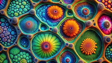 Microscopic life's colorful, intricate designs are captured in minimalist photos, highlighting vibrant textures and abstract cell structures.