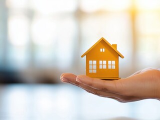 A small yellow model house placed on an open hand, symbolizing property, housing, or ownership.
