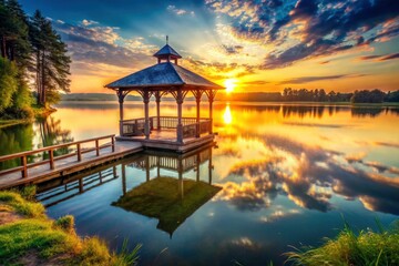 Fototapeta premium Peaceful lakefront gazebo images: idyllic summer vacation, serene waters, and breathtaking scenery.