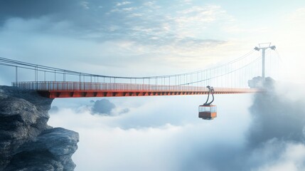 Majestic Suspension Bridge Above Clouds with Cable Car Traversing Between Peaks in Serene Mountain Landscape during Daylight